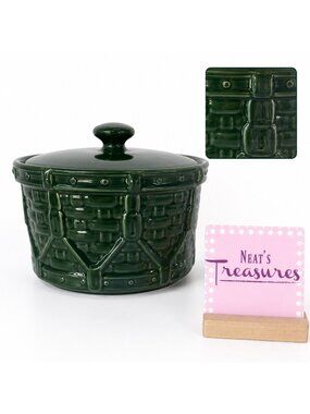 Longaberger Pottery WOVEN DRUM Ivy Green Traditions Embossed 4" Lidded Crock